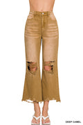 Zenana Mid-Rise Straight Distressed Knee and Hem Cropped Jeans - Deep Camel