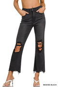 Zenana Mid-Rise Straight Distressed Knee and Hem Cropped Jeans - Black