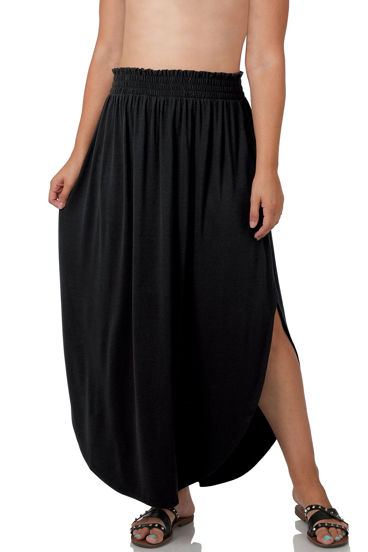 Zenana Smocked Waist Side Slit Maxi Skirt - Black